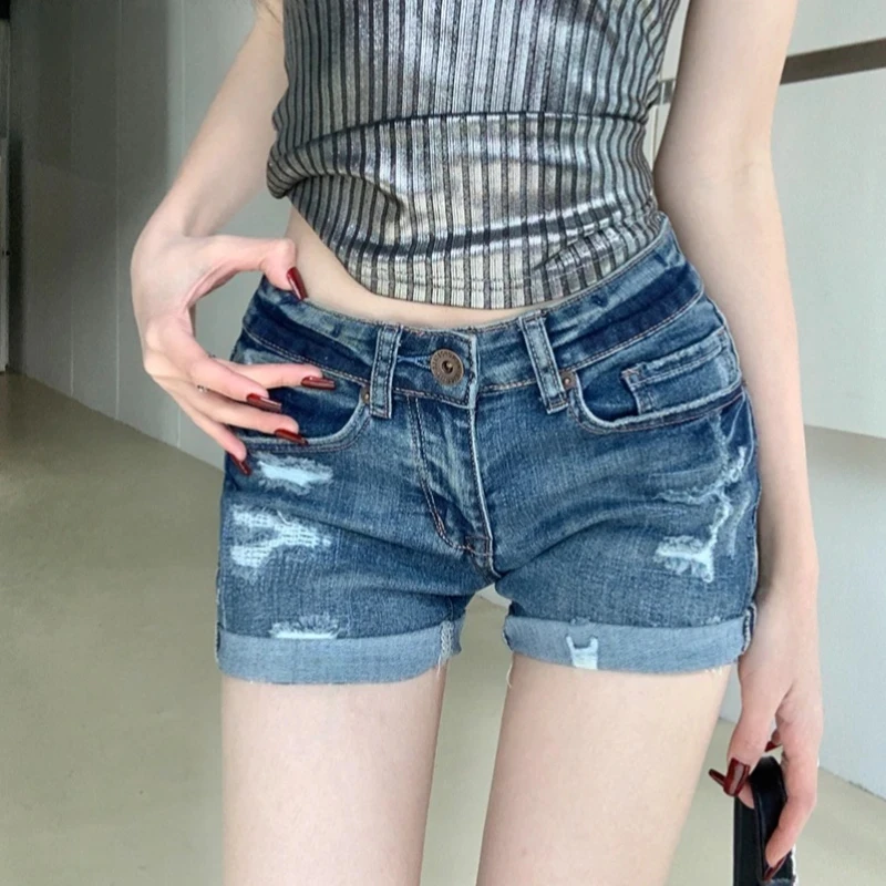 Blue Denim Shorts Vintage Sexy Women Slim Casual High Waist Trousers All-match Sporty Harajuku Streetwear Ripped Design Girls