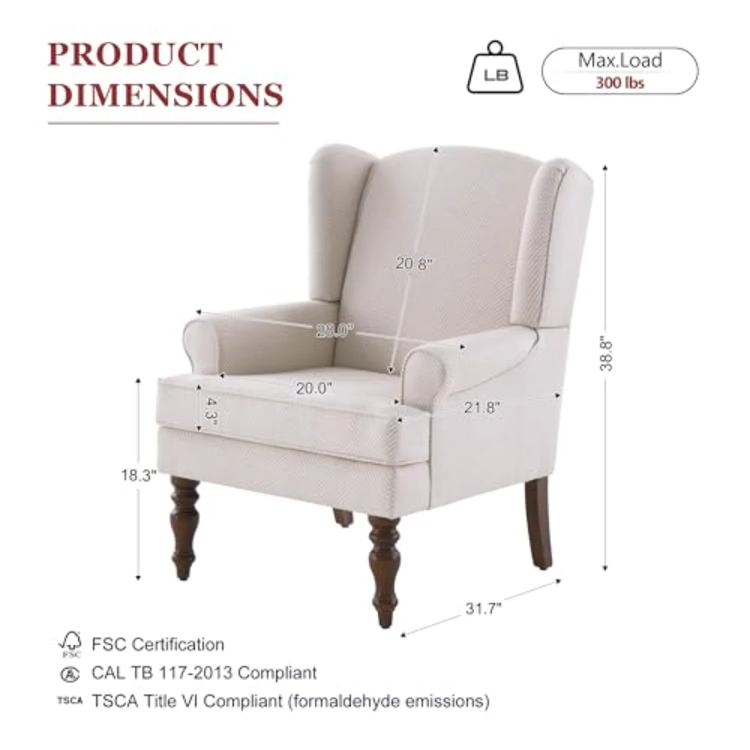 Printed Wingback Accent Chair, Linen Upholstered High Back Armchair, Comfy Reading Chair for Living Room Bedroom Study