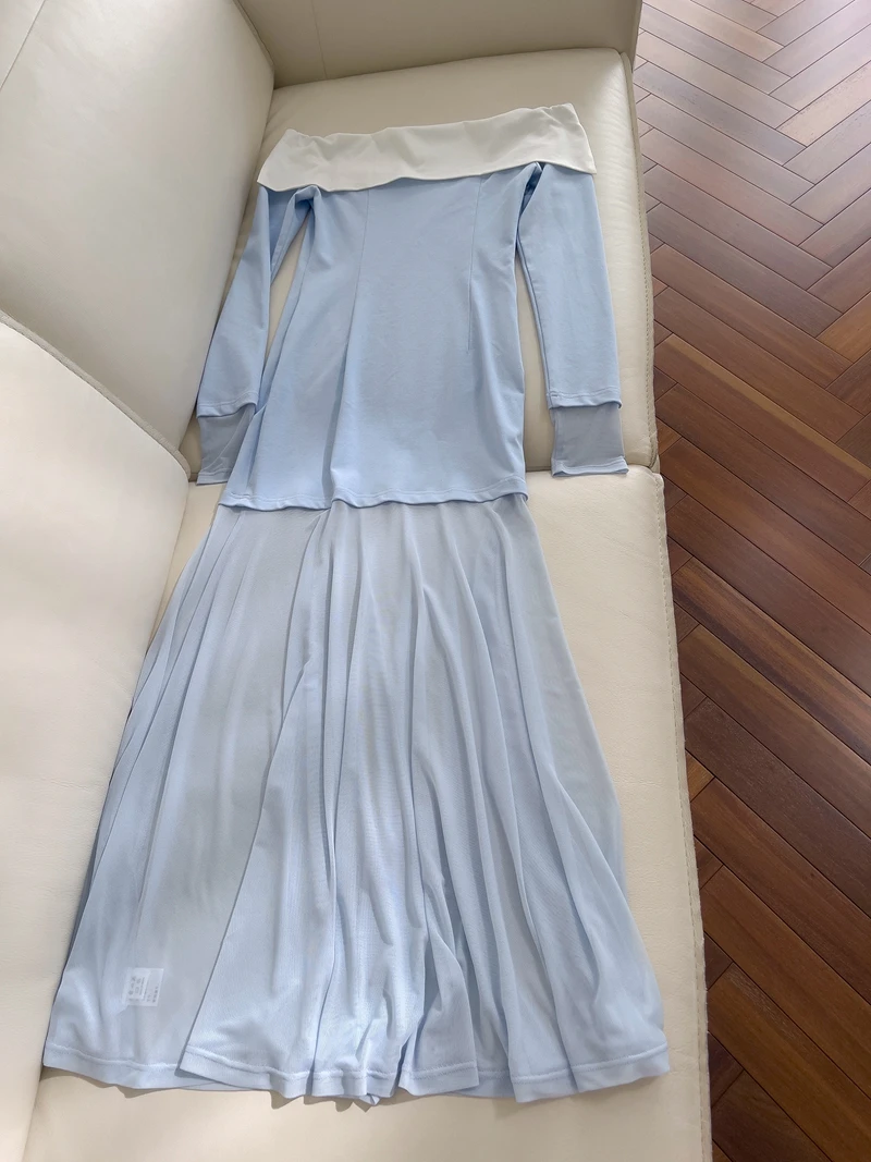 Blue Slim Fit One oulder Knitted Dr Women's Inner Wear High Waist A-Line Skirt Long Sve Zipper Closure Wedding Dr