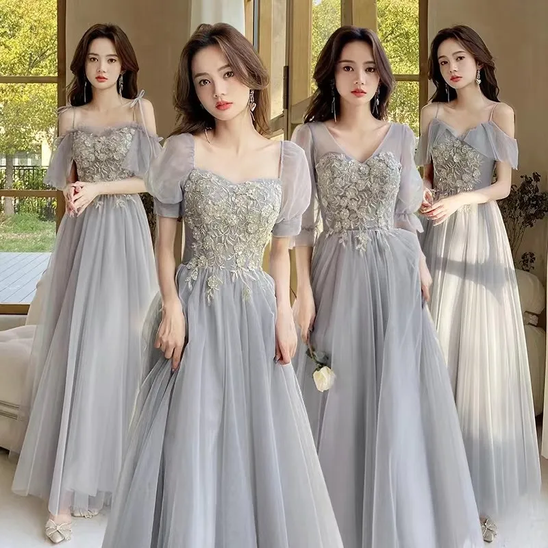 

Grey Tulle Bridesmaid Dress Women New Appliques Lace-UP Off Shoulder Choir Dresses Exquisite Elegant Modern Homecoming Gown