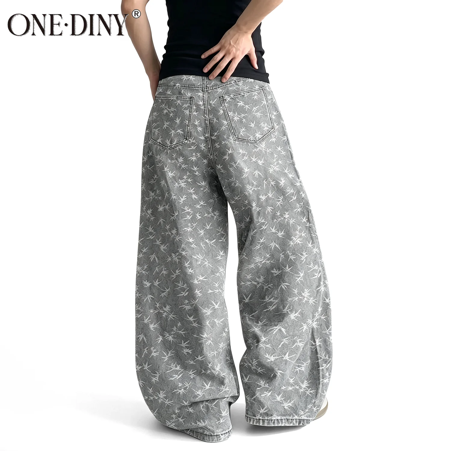 ONE·DINY Men's Jacquard Oversized Grey Faded Baggy Wide Leg Jeans White Bamboo All Over Print Loose Denim Pants Daily Casual