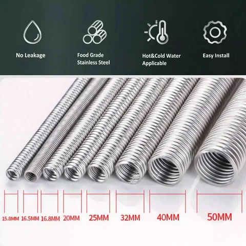 Corrugated Pipe 304 Stainless Steel Corrugated Pipe 13.5/16/16.8/20/25mm Water Heater Pipe 1M-10M For Cold And Hot Water Inlet And Outlet