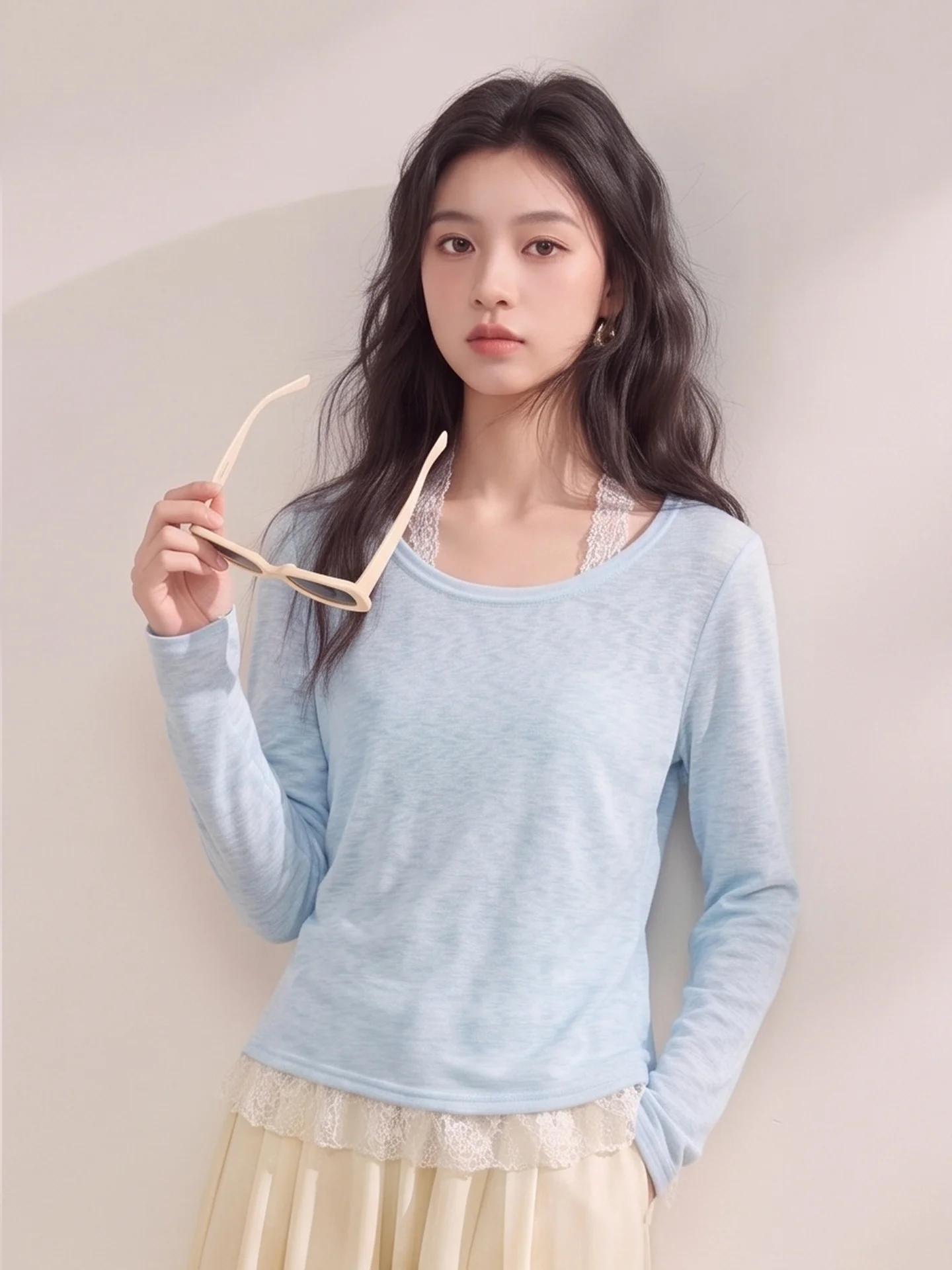 Elegant Long Sleeve Knitted T-Shirt Women's Autumn Inner Lace Halter Neck Tank Top Two-Piece Set Upper Body Korean Style Loos...