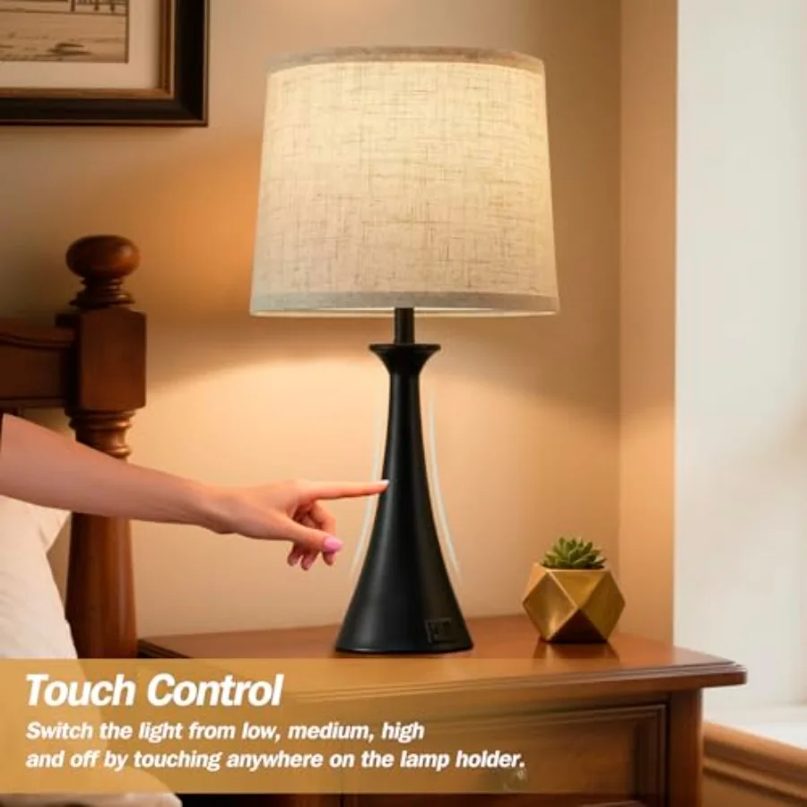 โคมไฟตั้งโต๊ะระบบสัมผัสสำหรับห้องนั่งเล่นและห้องนอน ขนาด 21 นิ้ว ชุด 2 ชิ้น พร้อมพอร์ต USB C+A โคมไฟข้างเตียงแบบสัมผัสสำหรับโต๊ะข้างเตียง ปรับได้ 3 ระดับ