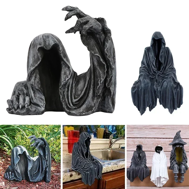 Reaping Solace The Creeper Gothic Decorative Shelf Sitting Statue Black Reaper Thrilling Black Robe Indoor Outdoor Garden Decor