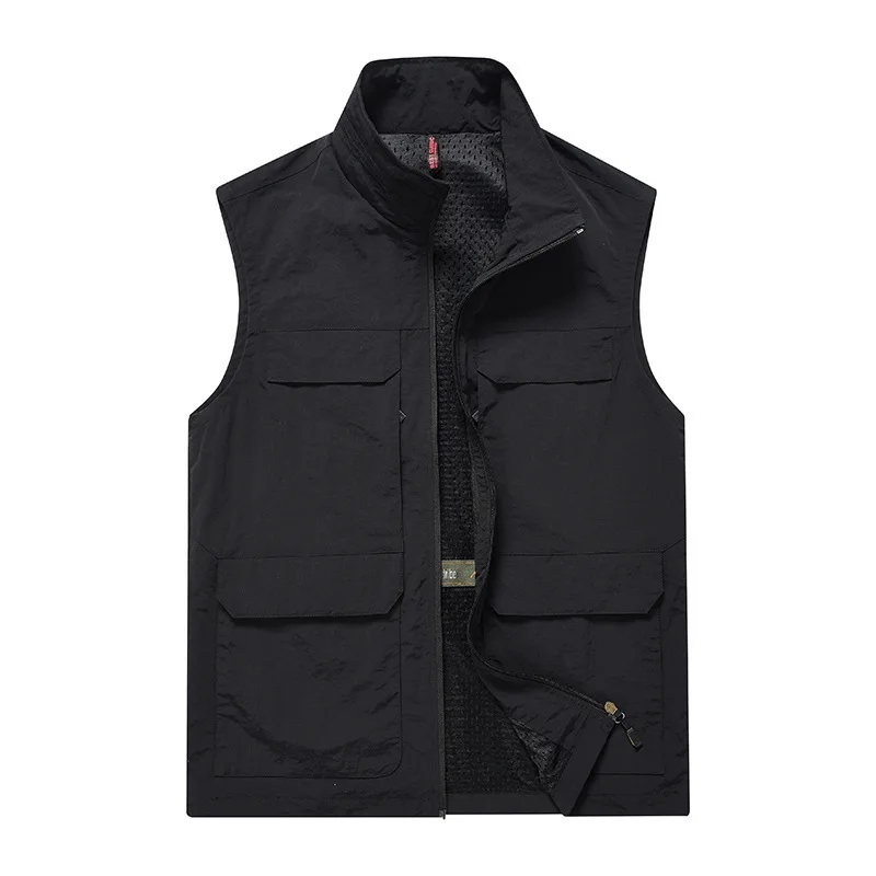 MaiDangDi Sleeveless Men's Vest High Neck Multi Pocket Jacket Breathable Mesh Lining Men Top Leisure Work Style Male Clothing