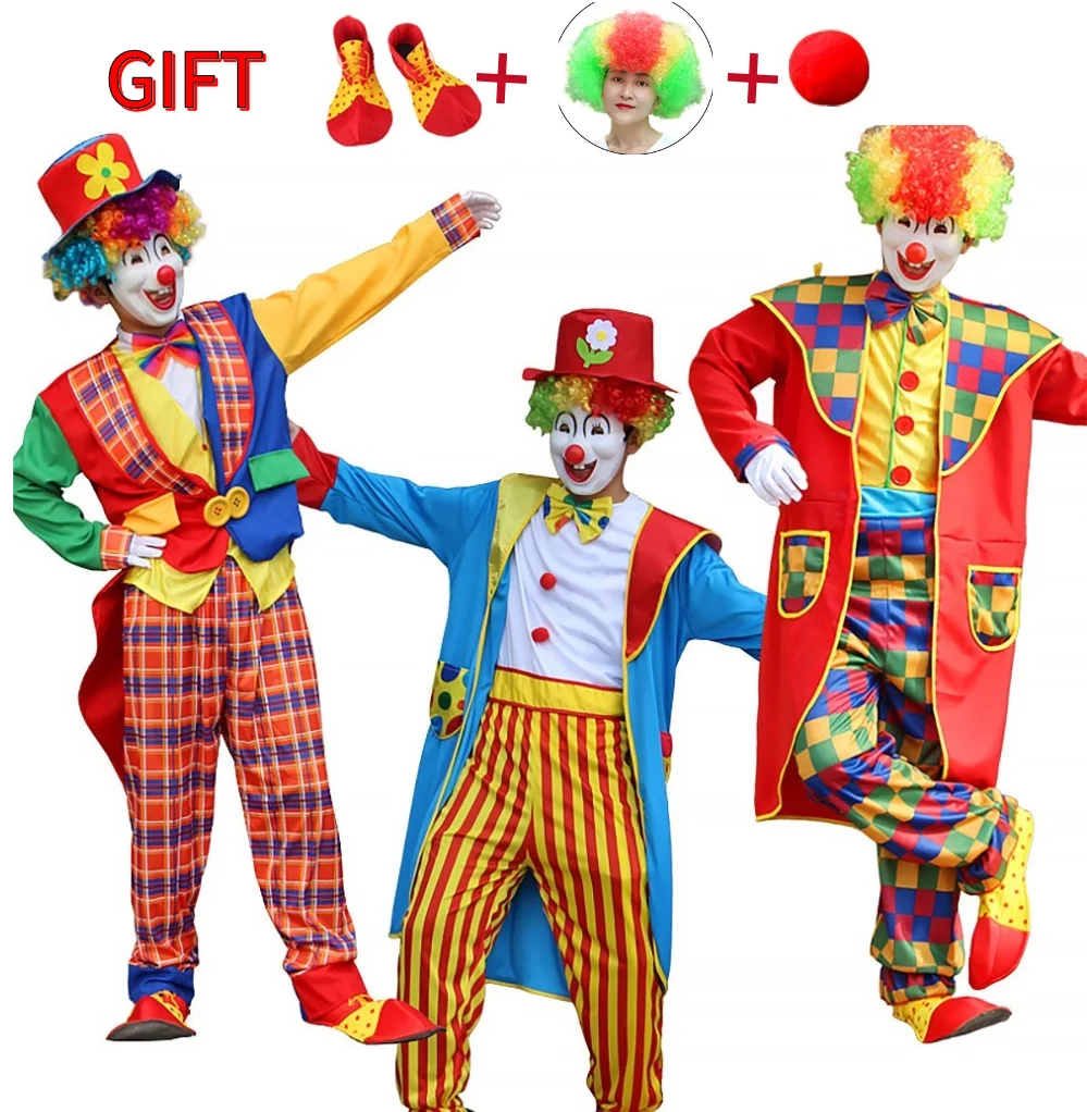 

Adult Men Funny Circus Clown Costume With Wig Shoes Nose Joker Fancy Cosplay Christmas Party Dress No Mask