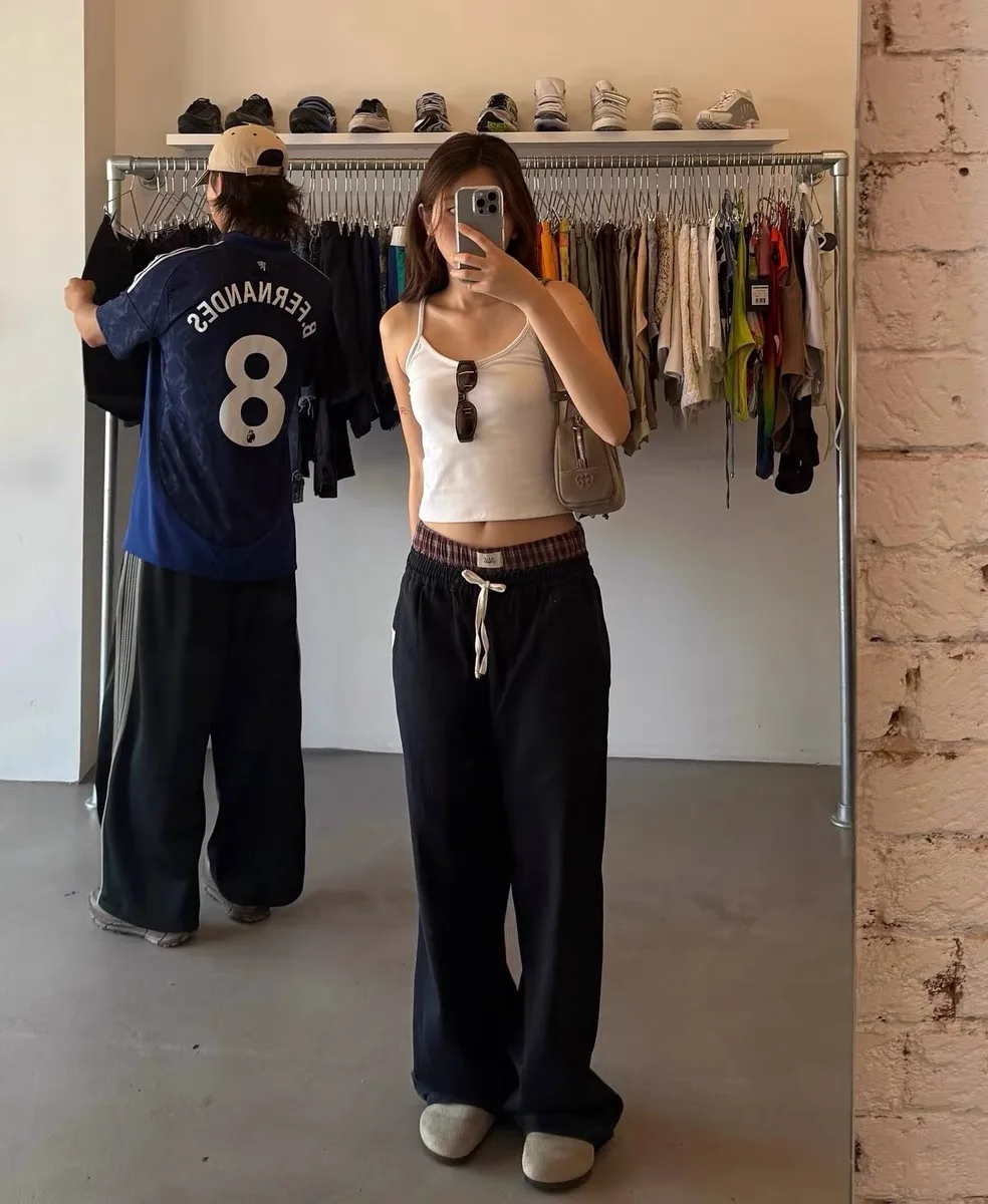 เจ้าหลู่ขาตรงเอวยางยืดขากว้างกางเกงกีฬากางเกงลำลองกางเกงขายาวเอวสูงสบายเฟม แฟชั่น