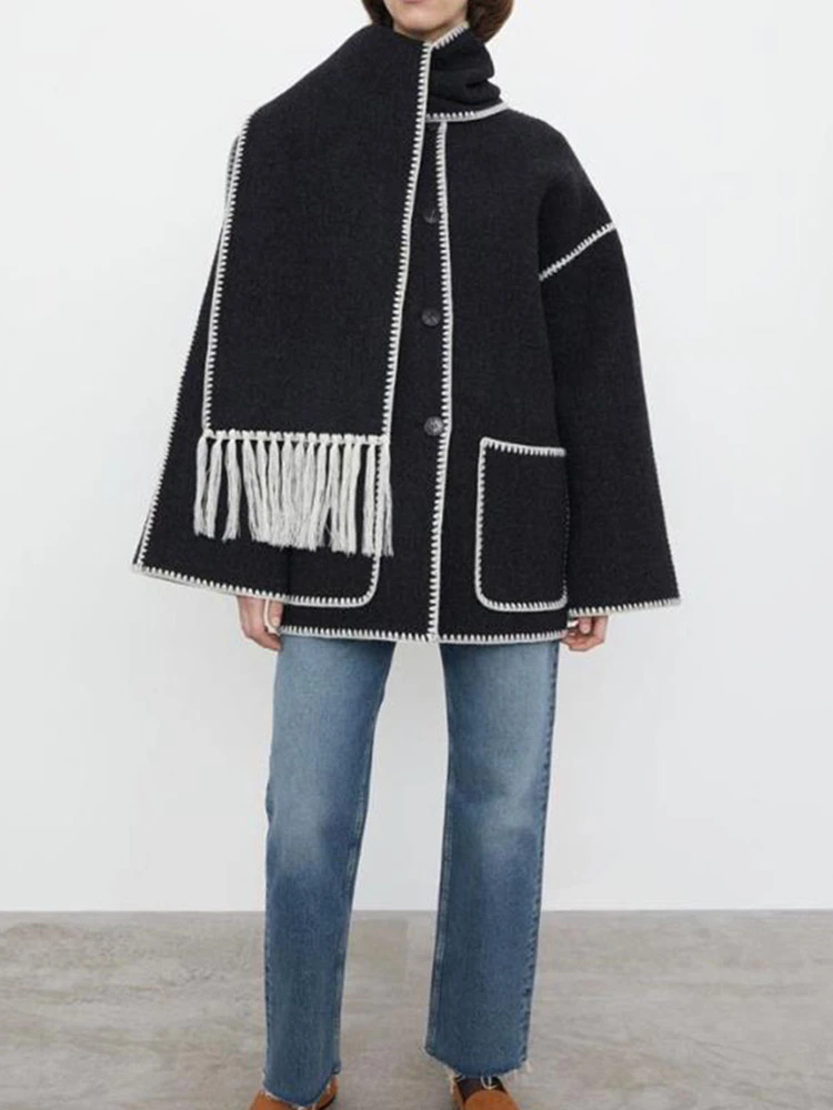 

Women Fringe Scarf Collar Coat Double-sided Woolen Single Breasted Autumn Winter 2022 Loose Embroidery Trim Female Casual Jacket