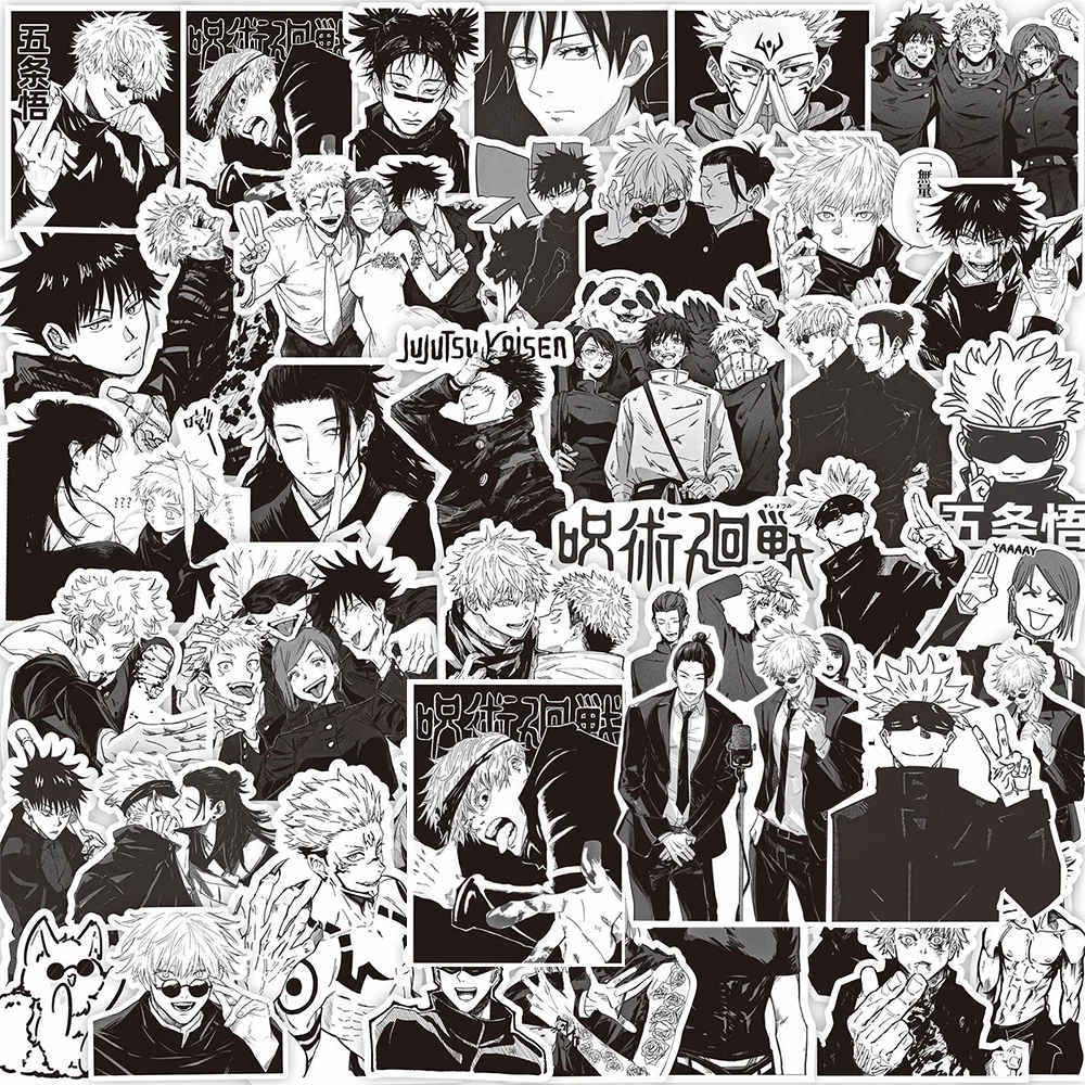 Jujutsu Kaisen-pegatinas de Anime, calcomanías impermeables para ordenador portátil, teléfono, coche, 10/30/65 piezas, blanco y negro, Itadori Yuji