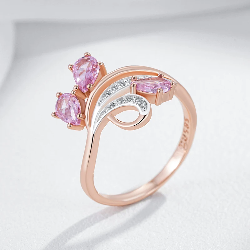 Kinel Hot Shiny Pink Natural Zircon Crystal Flower Ring For Women Fashion 585 Rose Gold Silver Color Mix Daily Ethnic Jewelry
