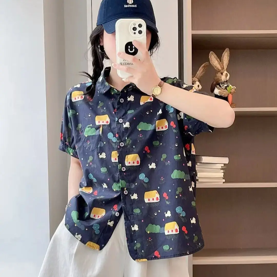 Mori girl Japan style peter pan collar white green cartoon print shirts short sleeve blouses for women summer cute clothes