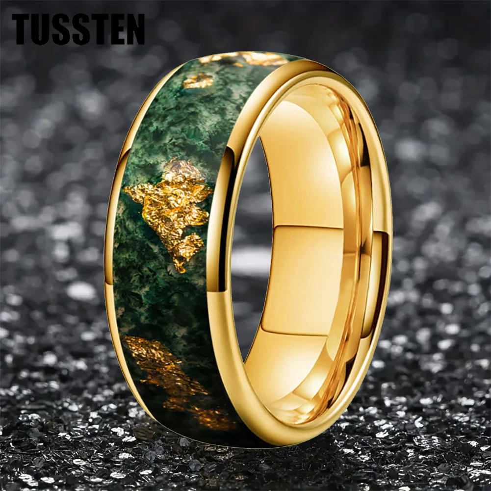 

TUSSTEN 4/6/8MM Men's and Women's Wedding Tungsten Ring Inlaid Moss Agate And Gold Foil Inlay Comfortable Fit