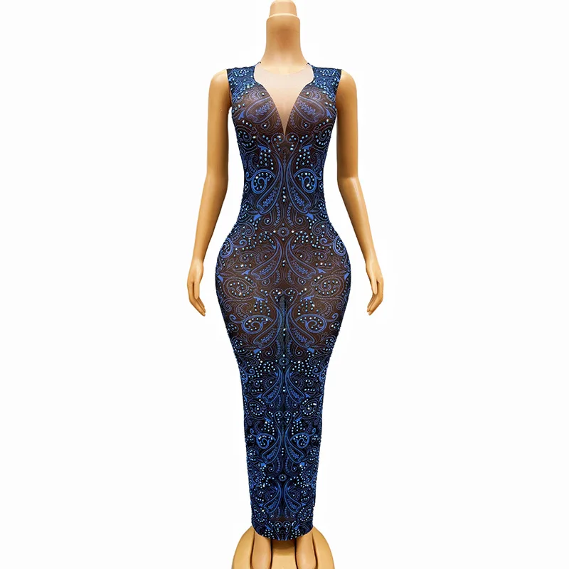 Sem mangas azul quente diamante fino ajuste vestido de festa festa cantor mostrar celebridade vestido desempenho roupas vestidos graduação mujer