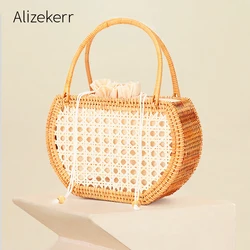 Women Round Vintage Straw Handbag 2022 Summer Handmade Nature Woven Hollow Out Rattan Beach Bag Vacation Half Moon Purse Casual