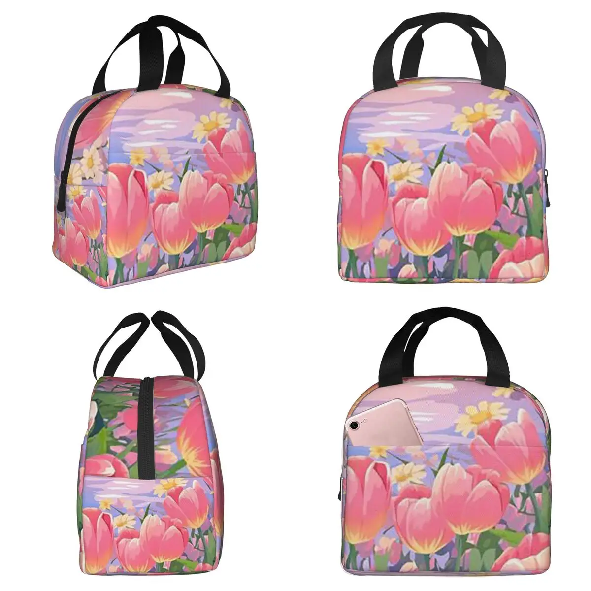 

Розовая и желтая термосумка для обедов с рисунком тюльпанов в стиле аниме для детей, школьная термосумка-холодильник, портативная сумка-контейнер для еды