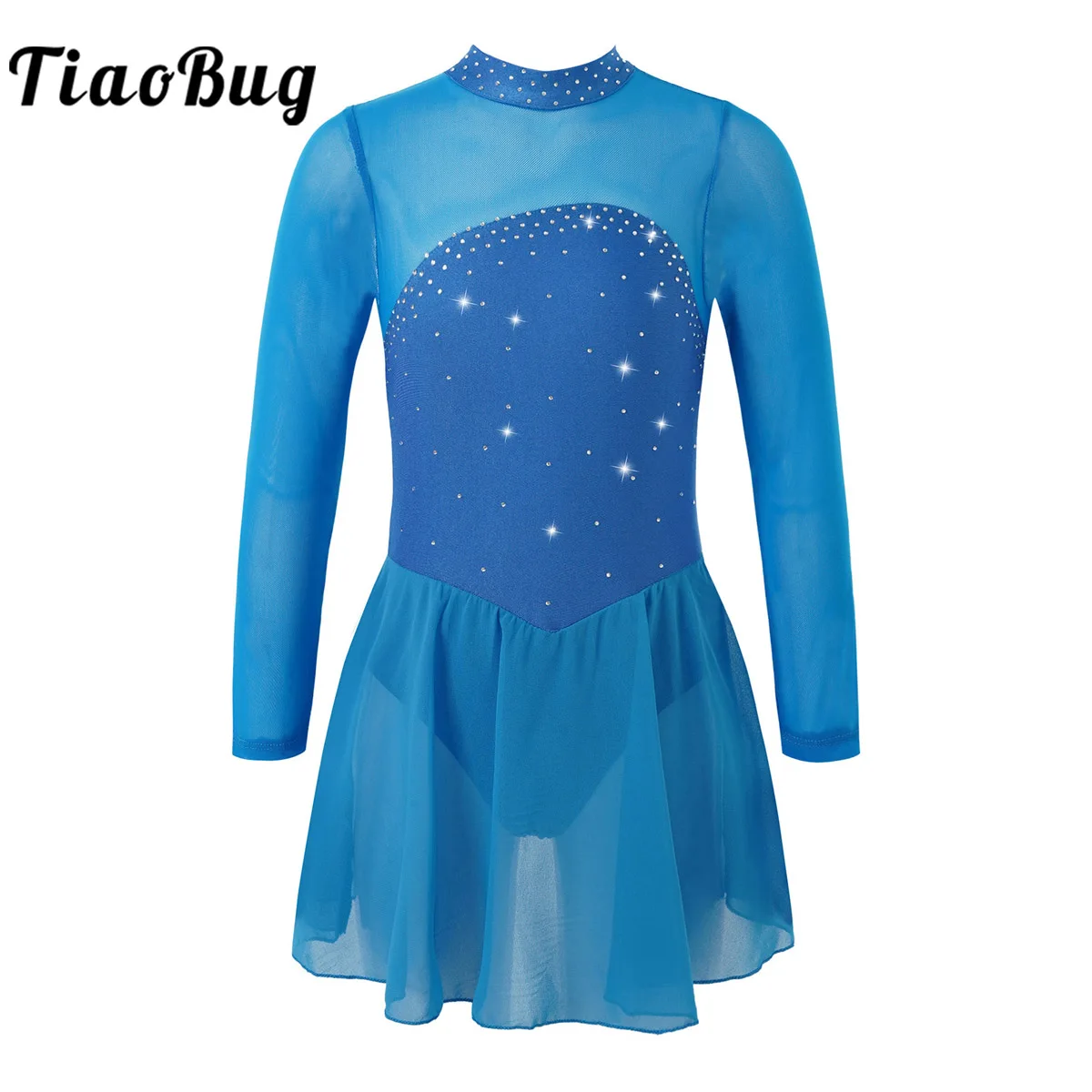 

Kids Girls Rhinestones Figure Skating Dress Long Sleeves Mesh Splice Cutouts Back Gymnastic Leotard Ballet Dress Dancewear