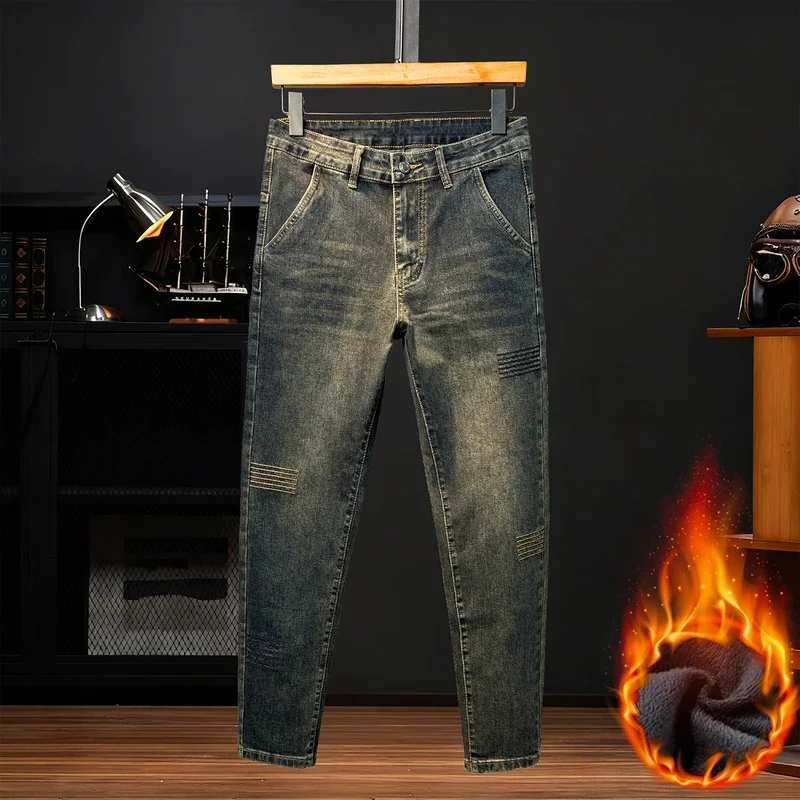 

Men's Fce Lined Jeans mid Waist Cotton Faion Urban Sle Casual Wear Autumn Winter Straight Leg Loose Fit Jeans