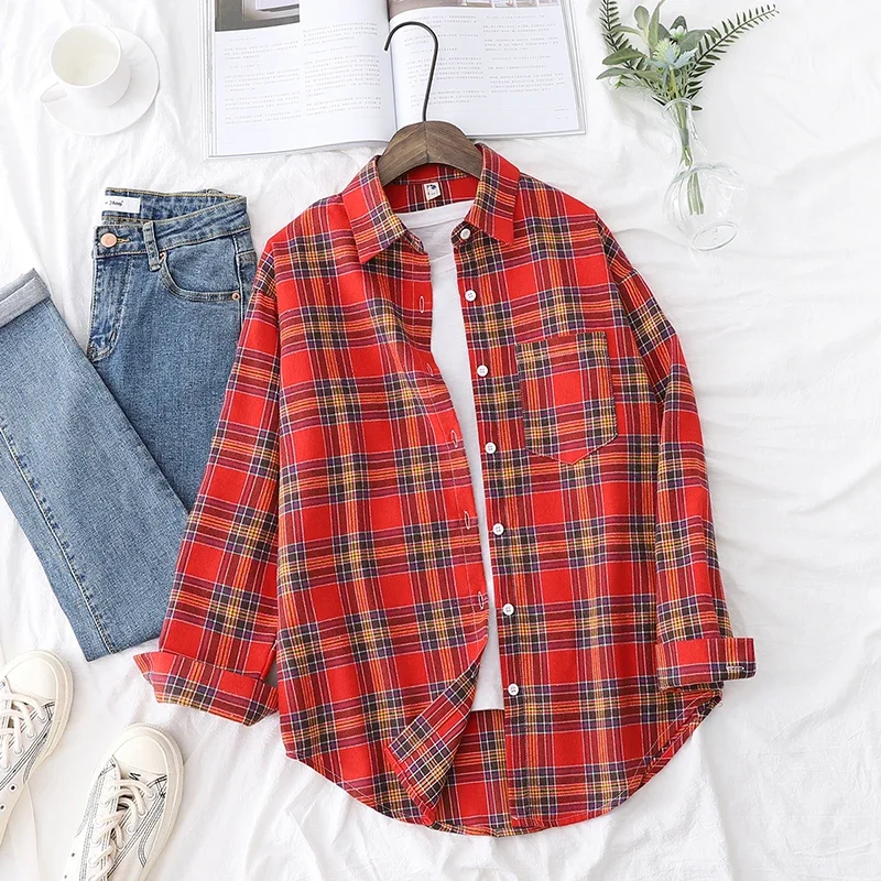 

2024 New Fashion Loose Womens Plaid Shirt Fresh College Style Design Blouses And Tops Long Sleeve Casual Female Checked Clothes