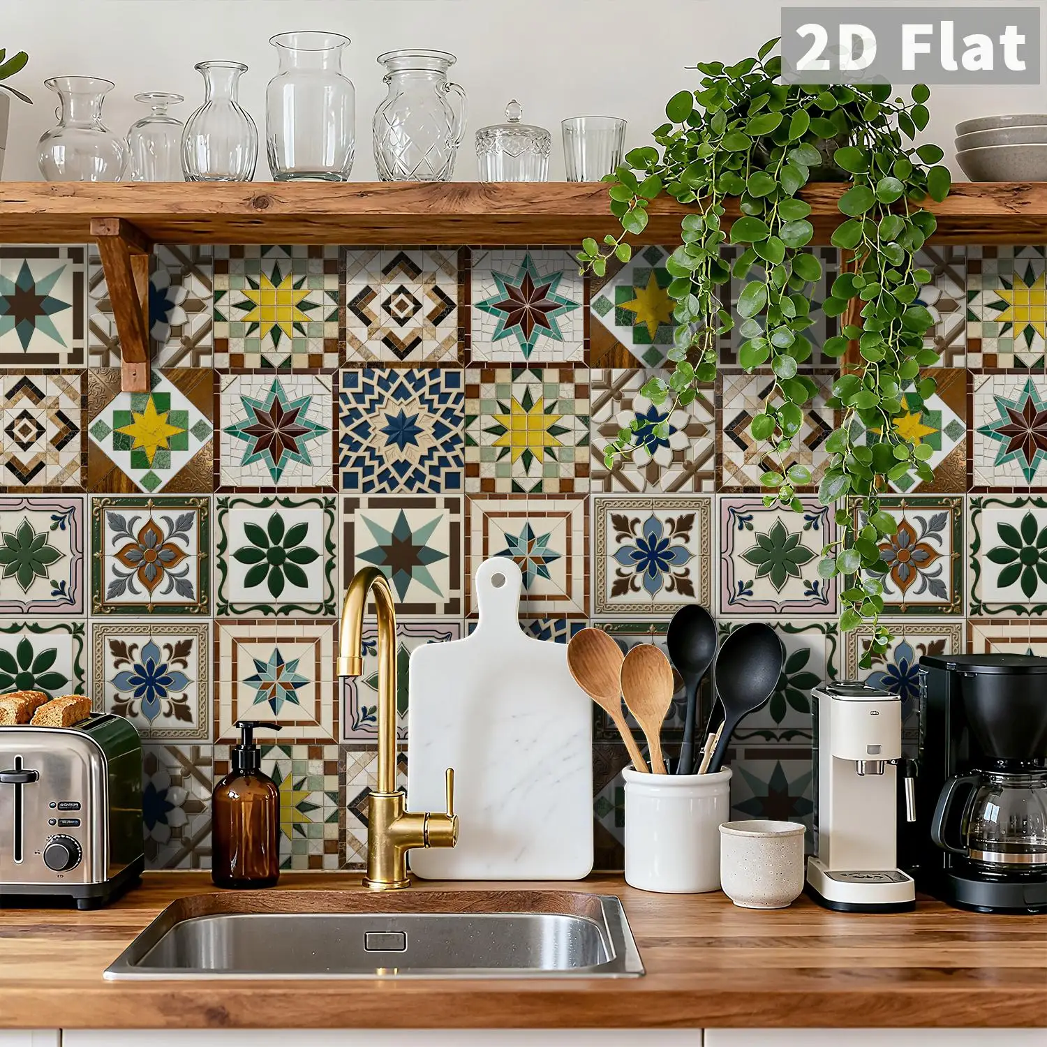 Retro floral tile decal, 36 waterproof self-adhesive wall stickers, suitable for splash proof kitchen and bathroom walls