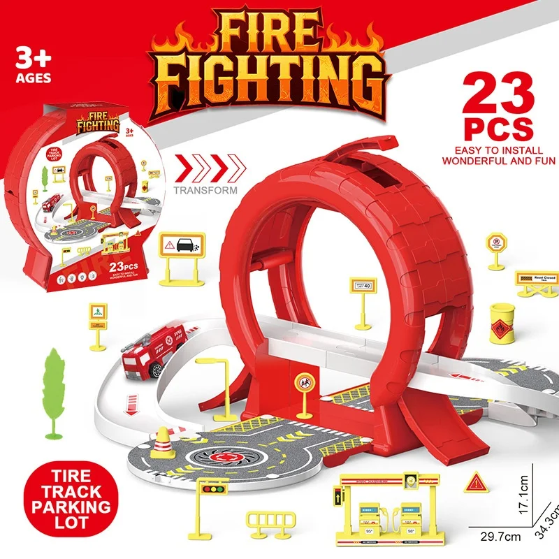 Fire Fighting Tire Track Parking Lot Transformable Toy 23 Pcs Portable Storage Handbag Pretend Play Educational For Boys