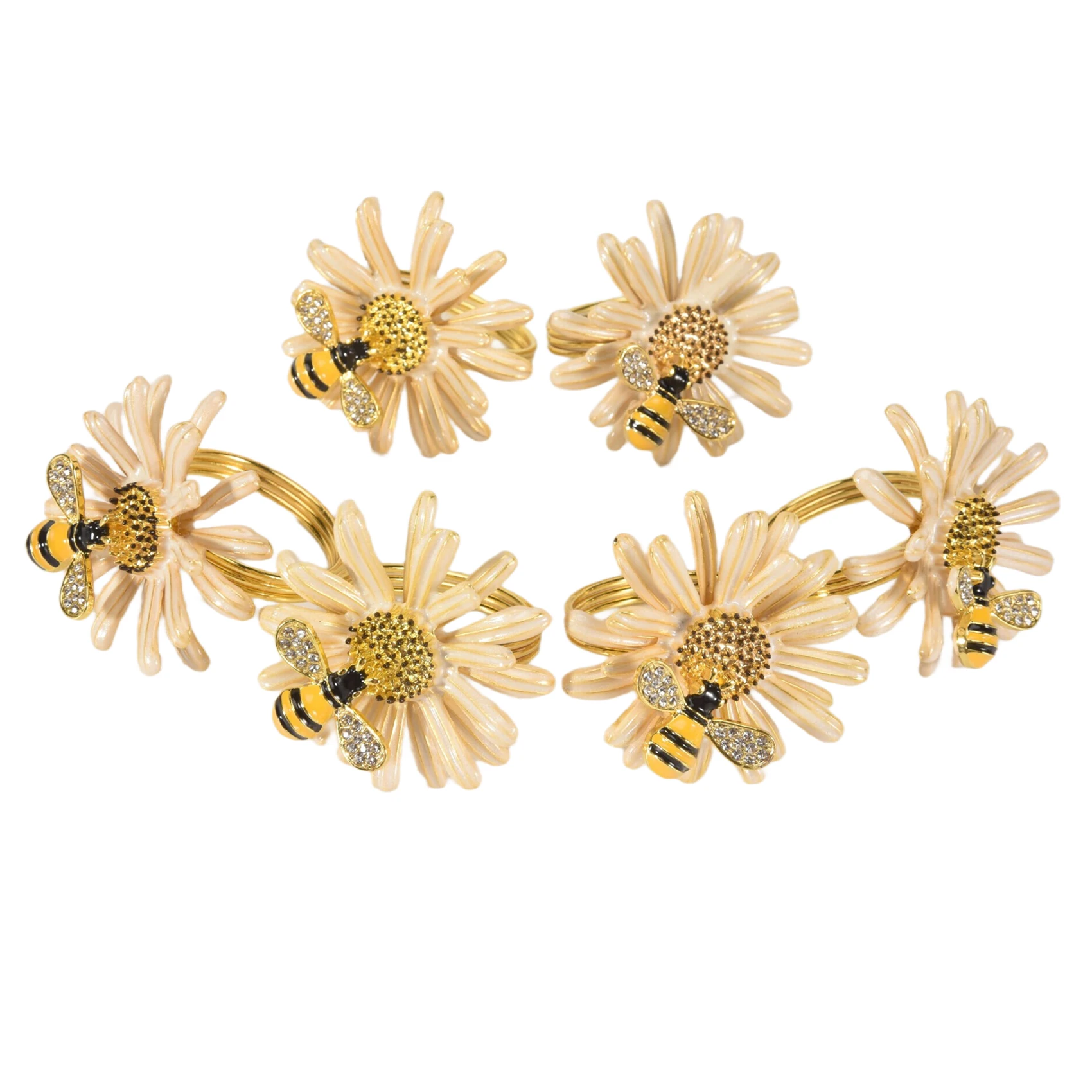 مجموعة حلقات المناديل مكونة من 6 حلقات منديل عباد الشمس ديزي، وحوامل حلقة منديل النحل الذهبي لديكور طاولة الطعام الرسمية أو غير الرسمية