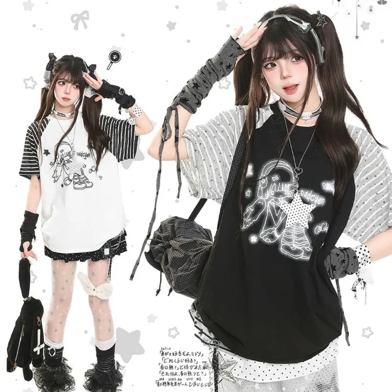 Women Striped Star Patchwork Short Sleeve T-shirt Kawaii Cartoon Print Crew Neck Tops Summer Y2k Harajuku Casual Tees