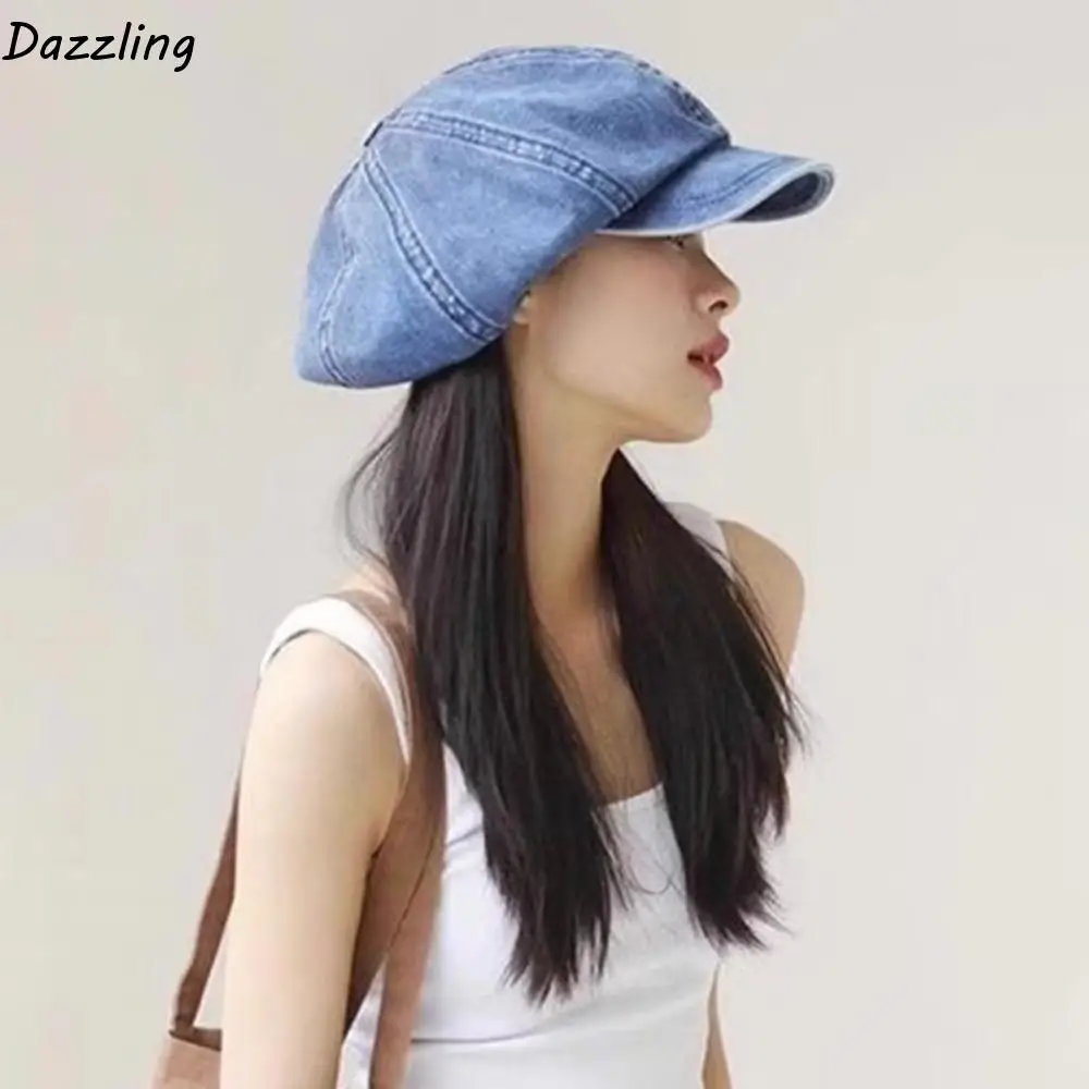 

Personality Washed Cloth Denim Beret British Style Head Circumference Newsboy Cap Korean Style Denim Octagonal Hat Ladies