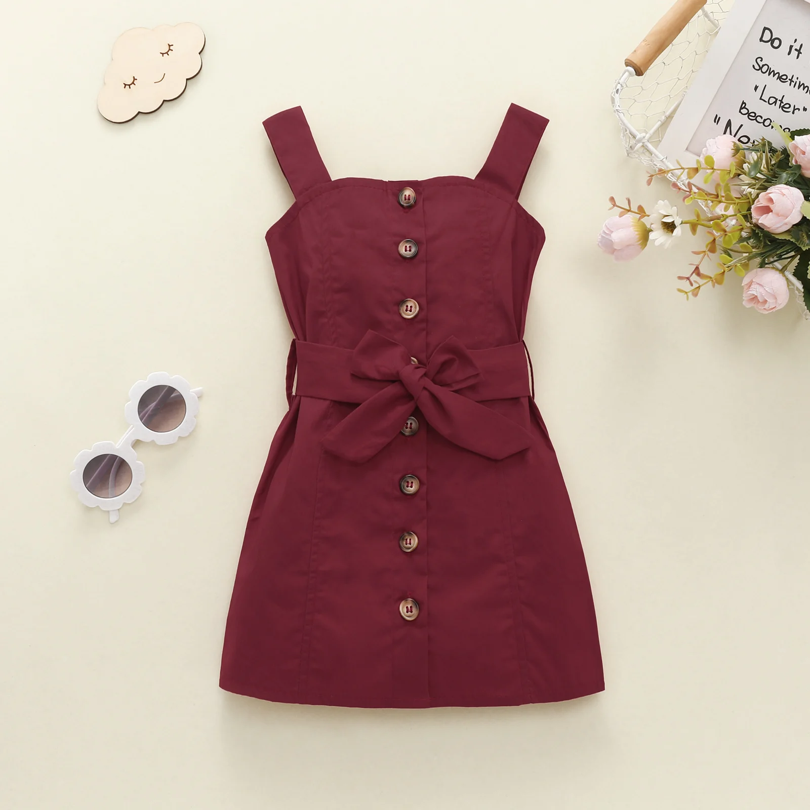 Infant Casual Sleeveless Dress Girls Tie Up Solid Color Button with Baby Girls Spring Autumn Belt Vertical Button Strap Dresses