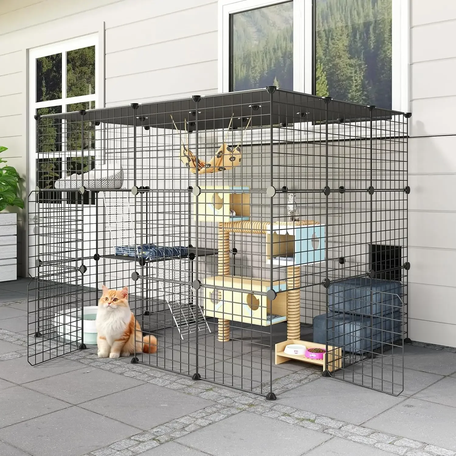 

[Скидочная цена! Бесплатная доставка! ]Окрытый корпус Cat House io с сверхбольшими входными дверцами, балконная клетка 55 x 41 Вт x 41H