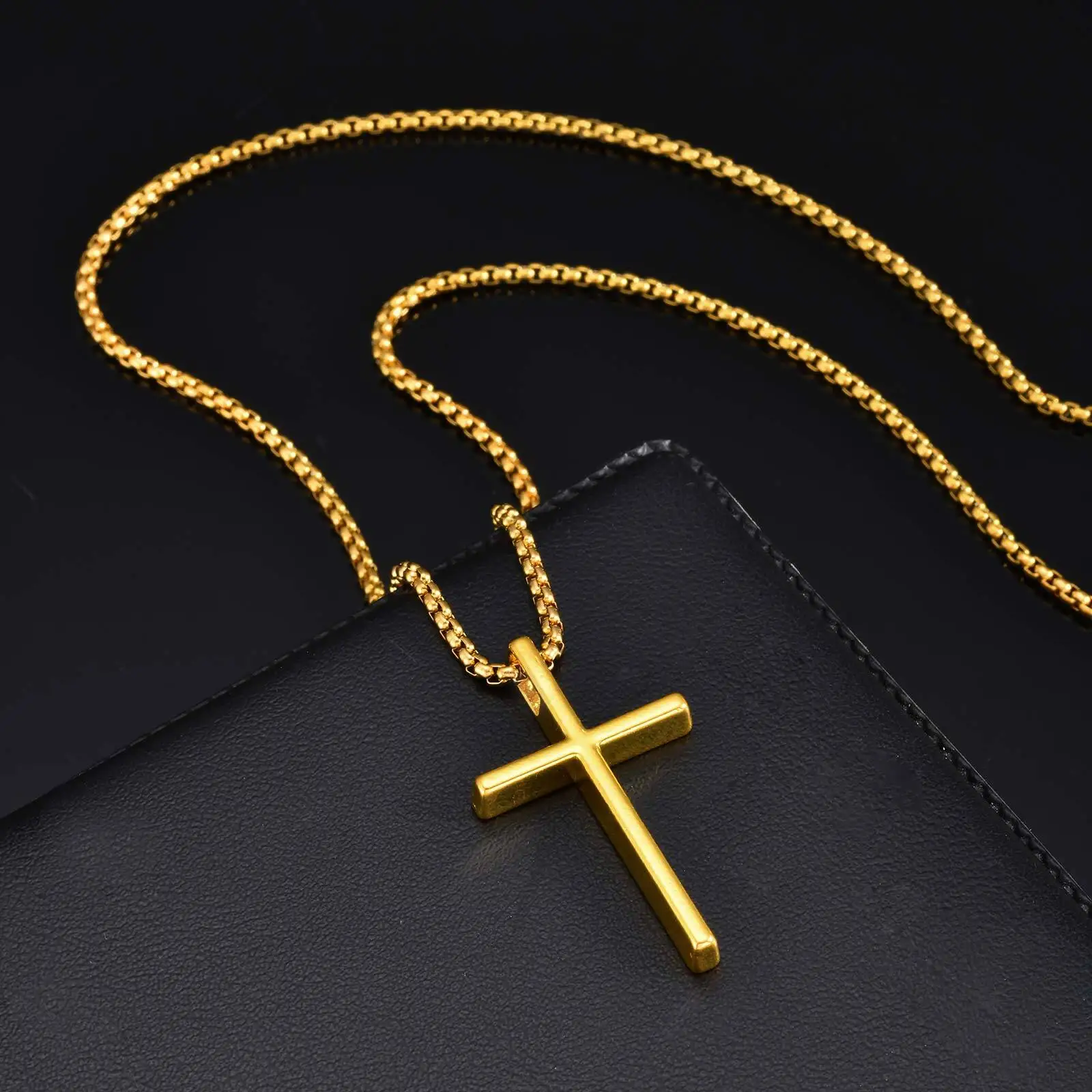 Kalung Salib Sederhana untuk Pria Anak Laki-laki, Kalung Salib Logam dengan Rantai Kotak Baja Tahan Karat 55/55CM, Hadiah Perhiasan Kasual Hip Hop