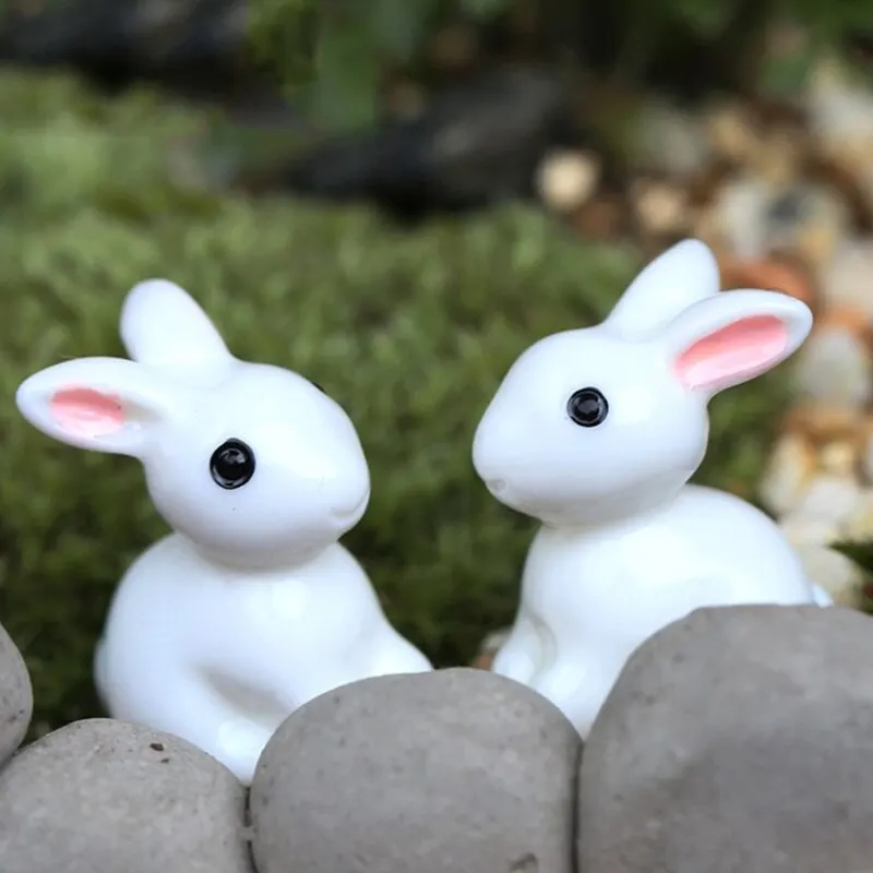 10PCS Cute Mini Resin Bunnies Miniature Figures 3D Little White Rabbit Ornament Micro Landscape Dollhouse Decoration Diy Crafts