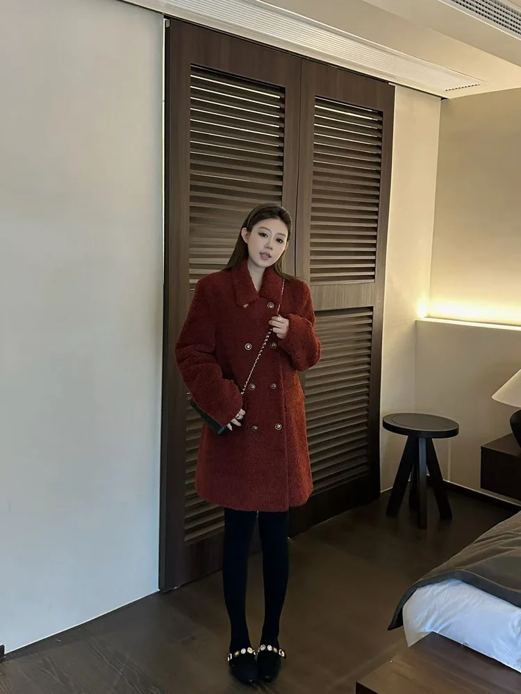 

Warm Furry Overcoat Women's Sli Versatile Medium-Length Double-Buttoned Collar Coat plus Size Casual Sle Online Exclusive