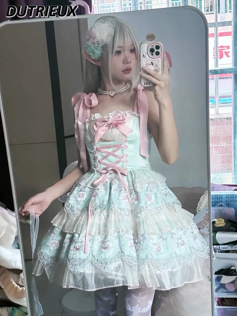 Summer New Mint Green French Elegant Fairy Lace Jsk Sleeveless Short Dress Lolita Sweet High Waist Princess Suspender Dresses