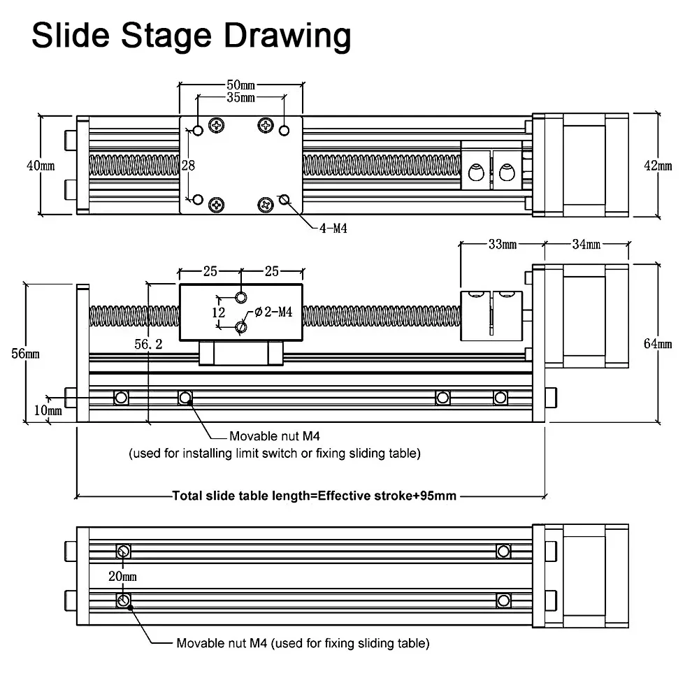 T-Type Slide Stage Linear Stage with Nema17 Motor Drive Kit 50-400mm Effective Stroke Self Lock Linear Axis for CNC Router