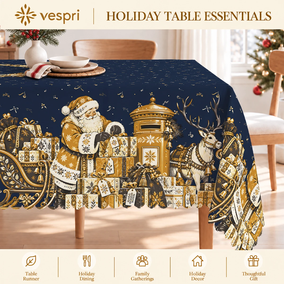 Festive Christmas Tablecloth with Santa & Gift Carts for Indoor/Outdoor Camping decor, Rectangular/Round/Oval