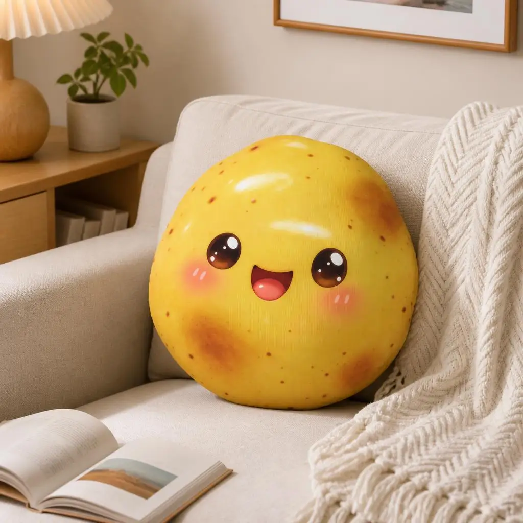 Cute Kawaii Potato Shaped Pillow Blushing Smiling Cartoon Cushion Stuffed Throw Pillow for Sofa Home Decor Food Lover Gift