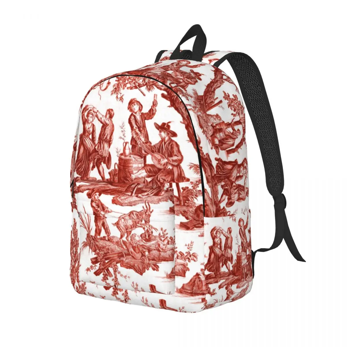 Custom Red And White Toile De Jouy Canvas Backpack Women Men Waterproof College School French Motifs Floral Bag Print Bookbags