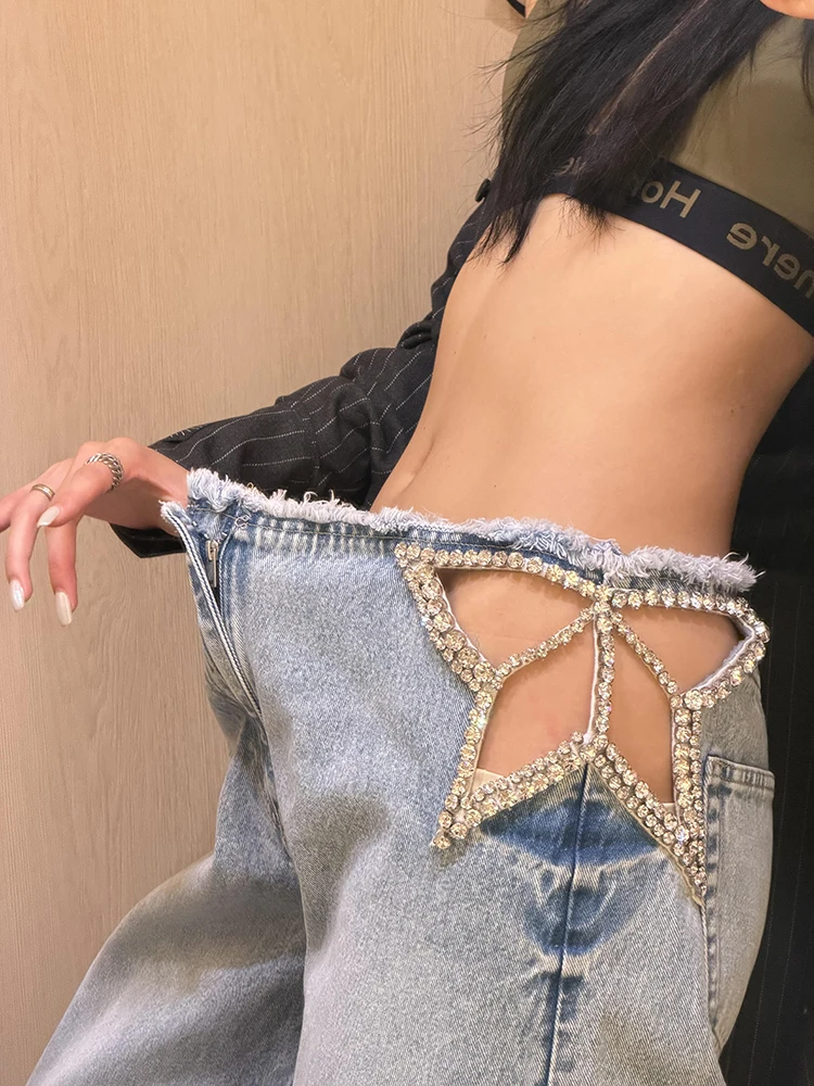 ReddaChic Rhinestone Star Straight Jeans Sexy Trendy Hollow-out Low Waist Loose Fit Baggy Denim Trousers Causal Women Clothes