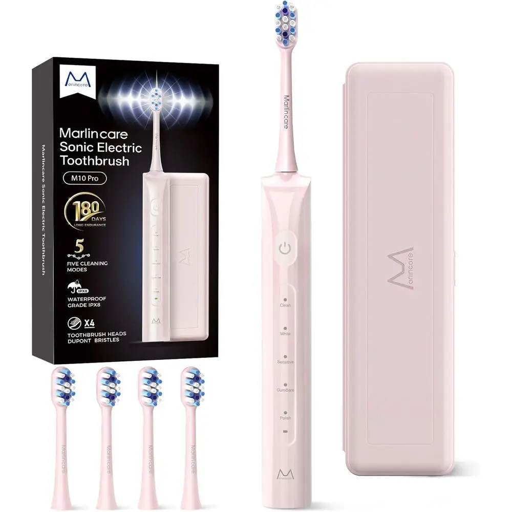 

Rechargeable Electric Toothbrush for Adults: 180-Day Battery Life, 4 Modes, 55,000 VPM, Smart Timer, Travel Case, Pink