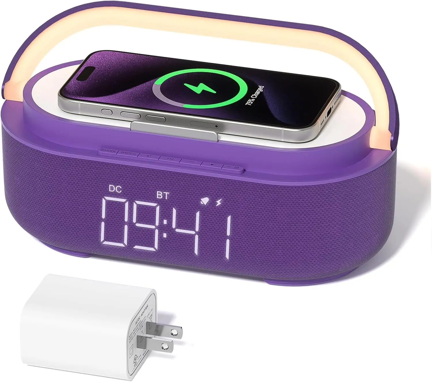 

6-in-1 Bluetooth Speaker Alarm Clock with 15W Wireless Charger, FM Radio, LED Night Light, Snooze Function