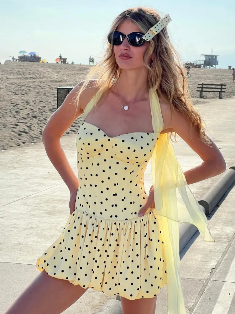 

Dresses For Woman Beachwear Sexy Halterneck Vestidos Backless Polka Dot Print Evening Dress Package Hip Leace-up Temperamental