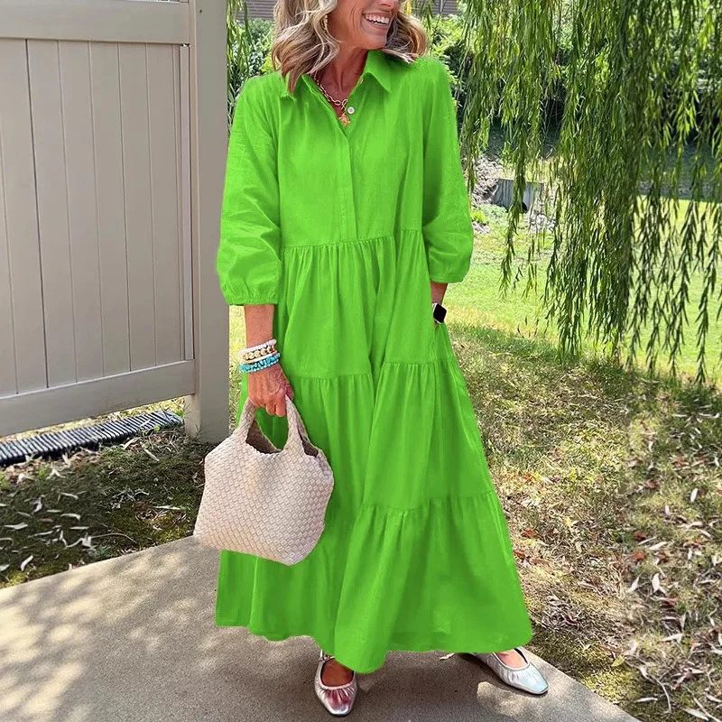In The Spring of Amazon Is Selling Large-sized Casual Loose Lapel Mid-sleeve Large-swing Long Dresses European American Style