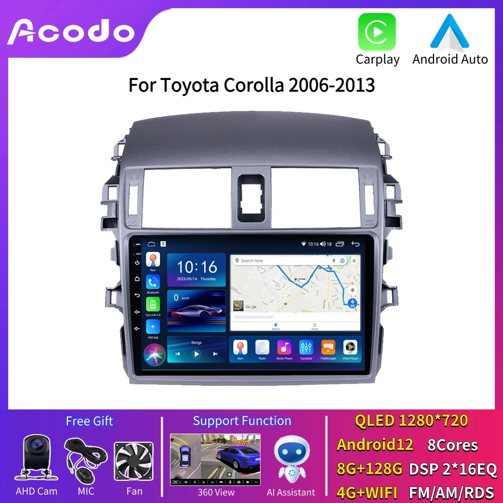 Acodo-Radio con GPS para coche, reproductor con Android, Carplay, WiFi, 4G, estéreo, FM, pantalla iPS, Bluetooth, para Toyota Corolla Altis 2006-2013