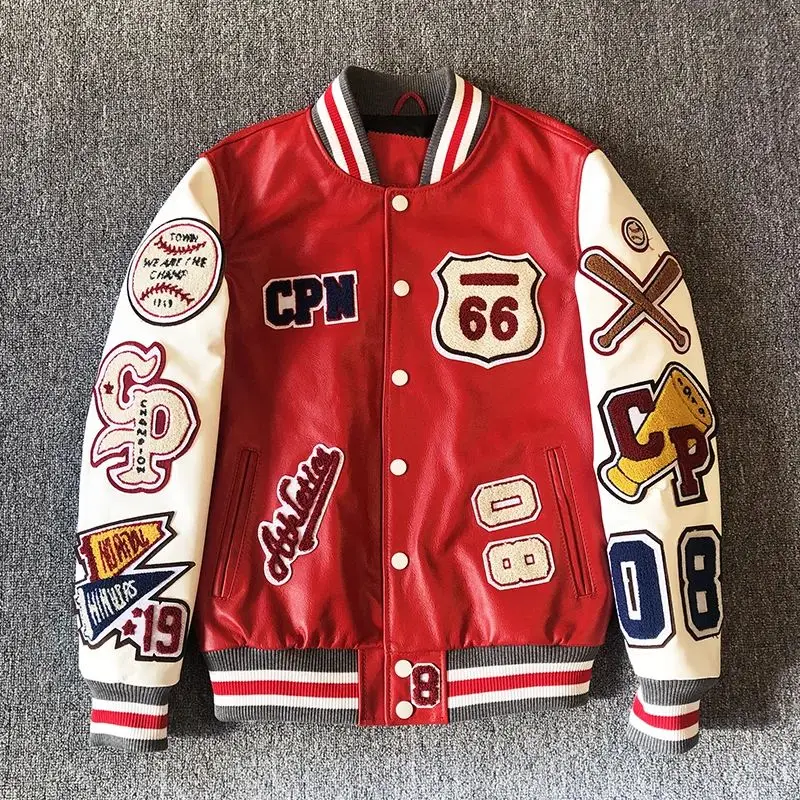 Heavy Weight Embroidered Baseball Uniform, Genuine Leather Jacket, First Layer Cowhide Jacket for Men and Women, Red and White Leather Jacket, Casual and Handsome Top