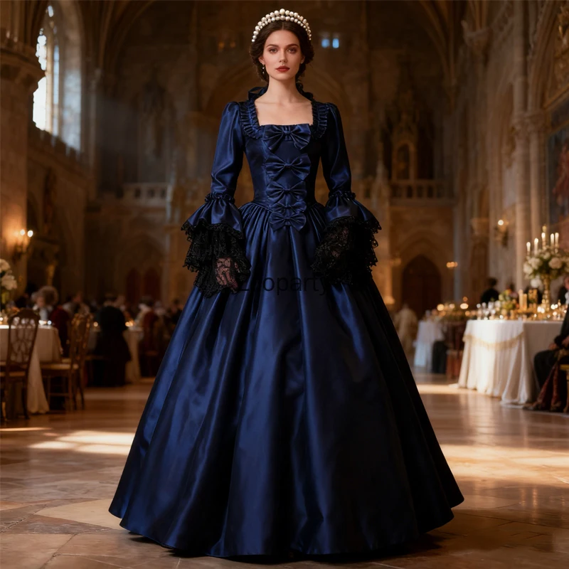 

Женское средневековое викторианское придворное кружевное лоскутное готическое платье на Хэллоуин, королева, карнавальный костюм для вечеринки, платье с квадратным вырезом и расклешенными рукавами