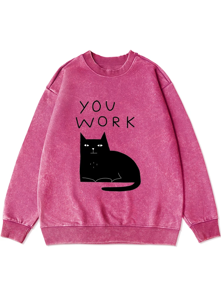 Little Black Cat Print Women'S Cotton Washed Distressed Hoody Fashion Comfortable Sweatshirt Autumn Versatile Tracksuit Female