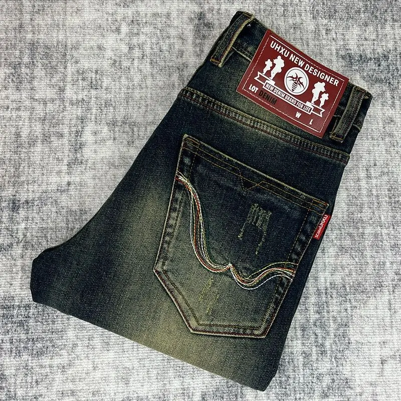 Retro European Style Slim Fit Straight Leg Stretchy Denim Jeans Men's Trendy Brand Scratch Washed Embroidered Heavyweight Spr...