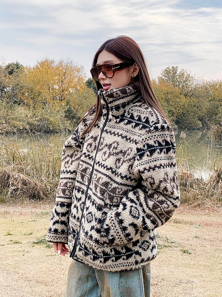 

Thiened Lamb Fur Jaet Women's Autumn Winter New Sle Retro Cotton Coat Warm Plaid Print Outerwear Fem Loose Fit Zipper