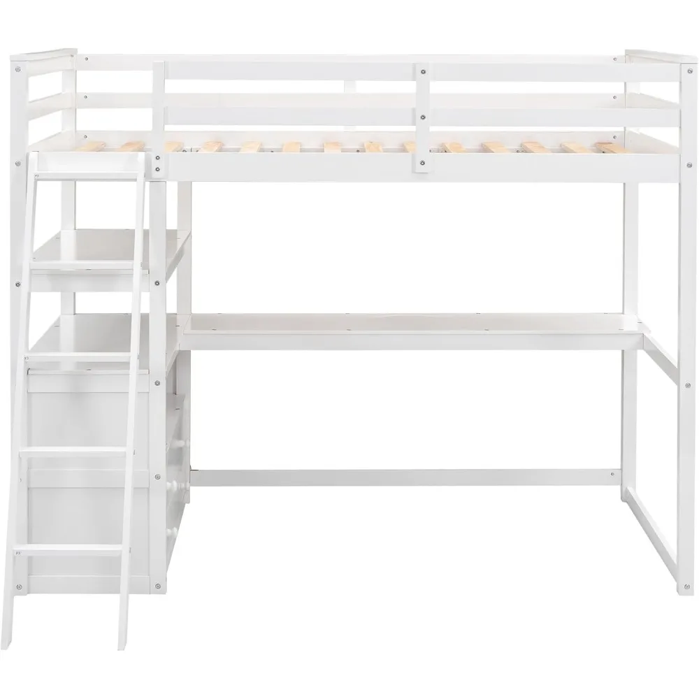 Full Size Loft Bed with Desk Solid Wooden Loft Bed Frame with Two Built Drawers and Shelves, High Loft Bed with Safety Guardrail